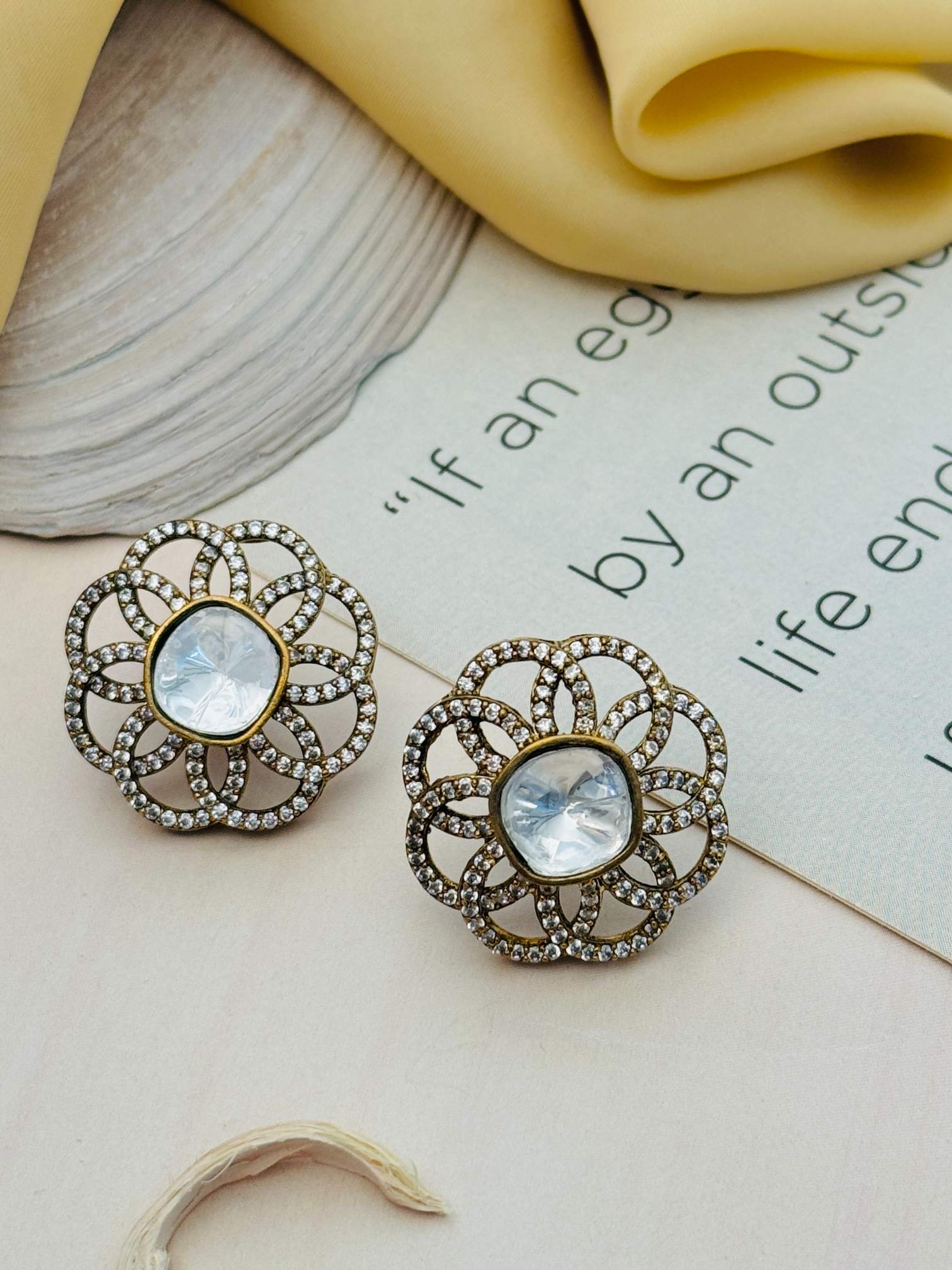 Polki Diamond Party Earrings by Abdesignsjewellery with intricate floral design and central gem