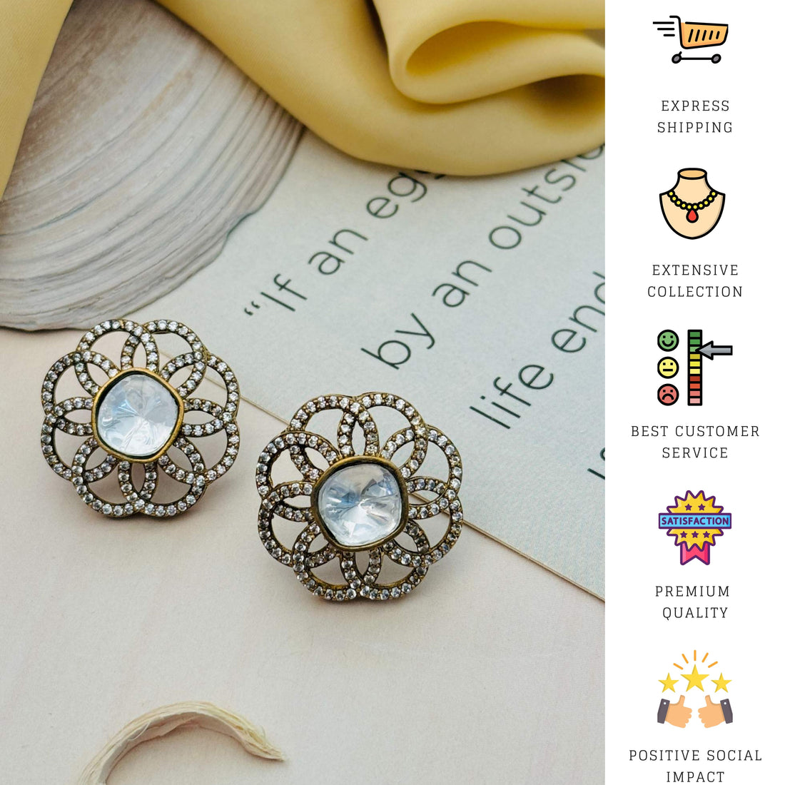 Polki Diamond Party Earrings from Abdesignsjewellery worn on ear, featuring intricate floral design