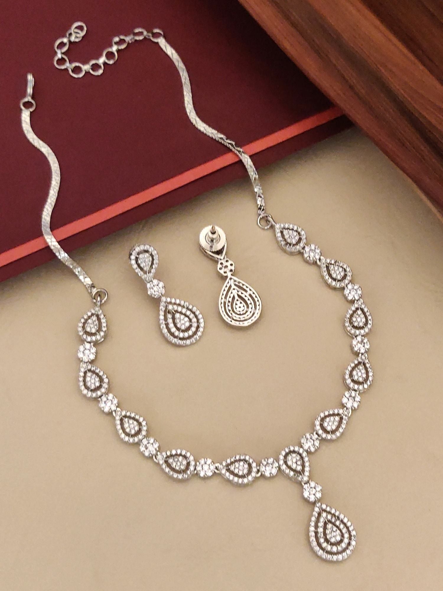 Elegant Premium American Diamond Necklace Set with Teardrop Pendant and Matching Earrings