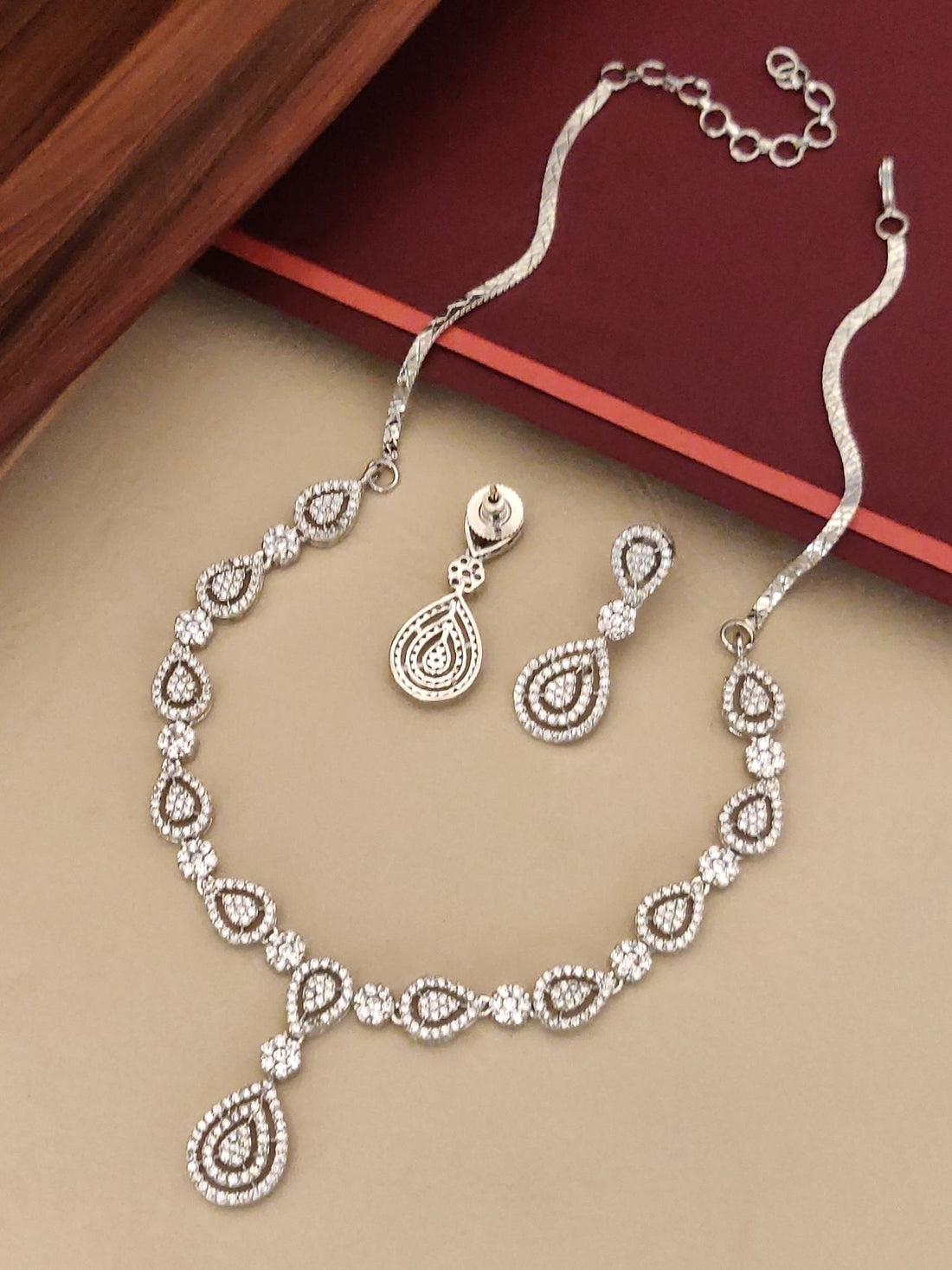 Elegant Premium American Diamond Necklace Set with Teardrop Pendant and Matching Earrings