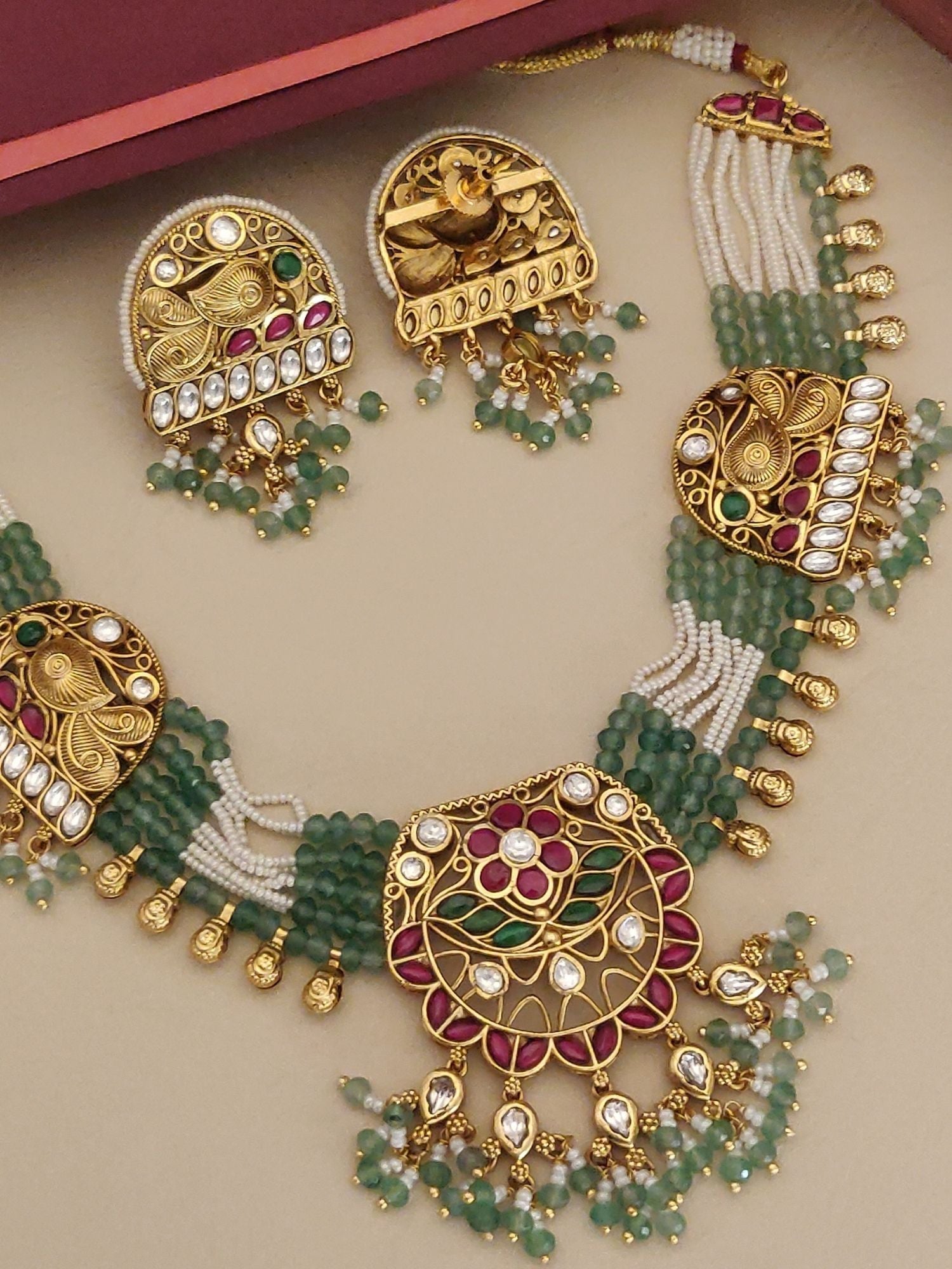 Rajwadi Style Gold Plated Beads Necklace Set with intricate design and colorful embellishments