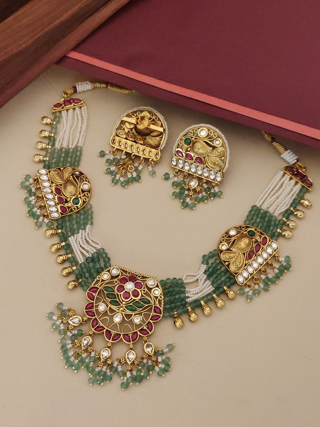 Rajwadi Style Gold Plated Beads Necklace Set featuring intricate designs and colorful beads