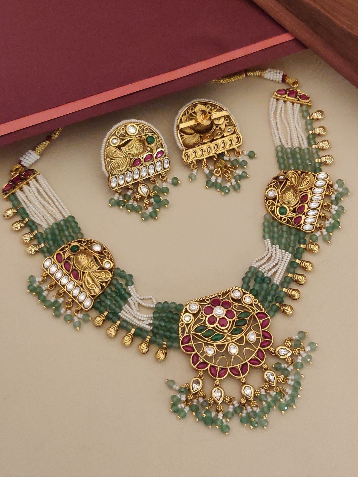 Rajwadi Style Gold Plated Beads Necklace Set featuring intricate designs and colorful beads