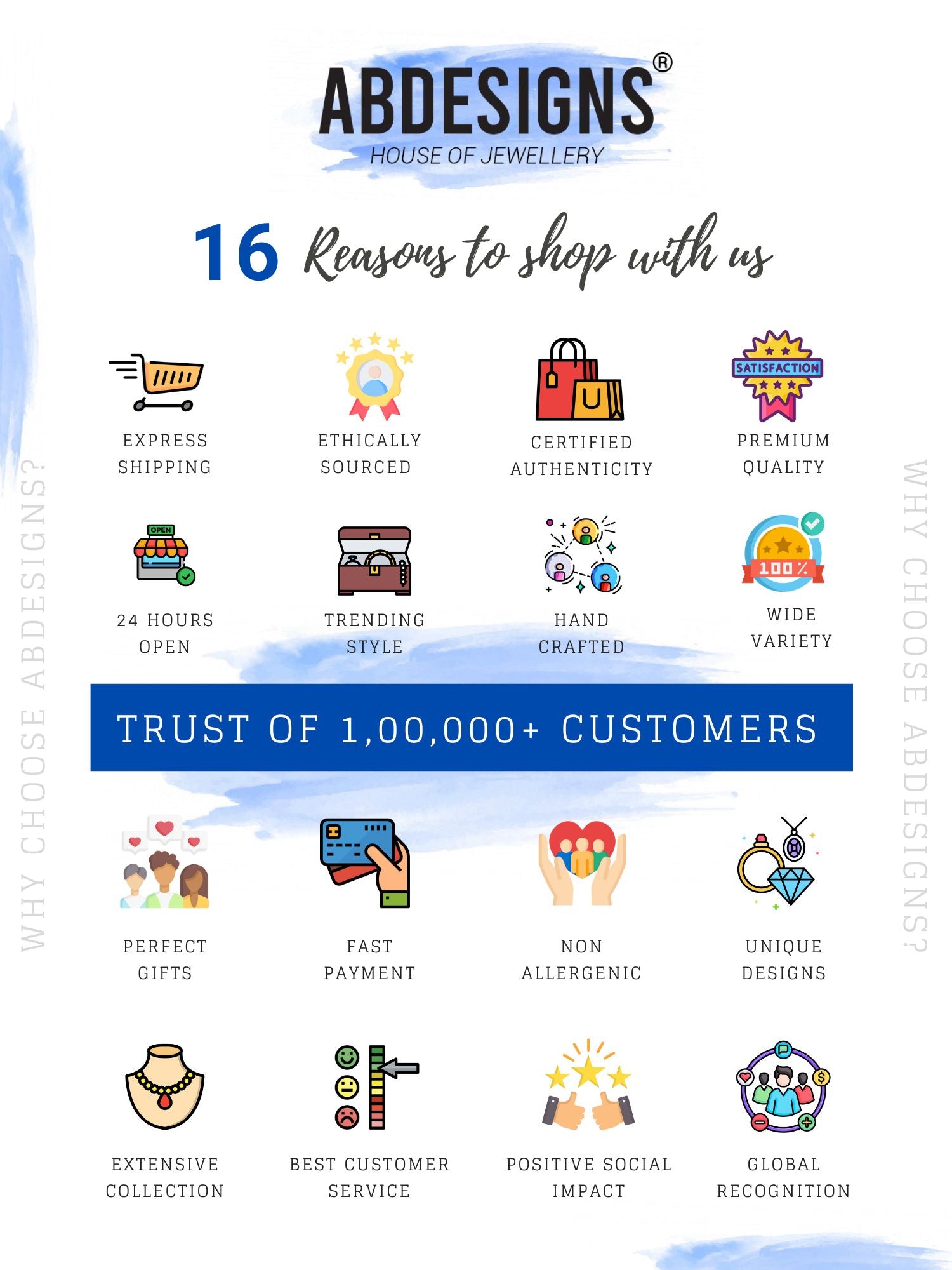 Abdesigns promotional poster showing 16 reasons to shop with icons and rose gold plated diamond mangalsutra