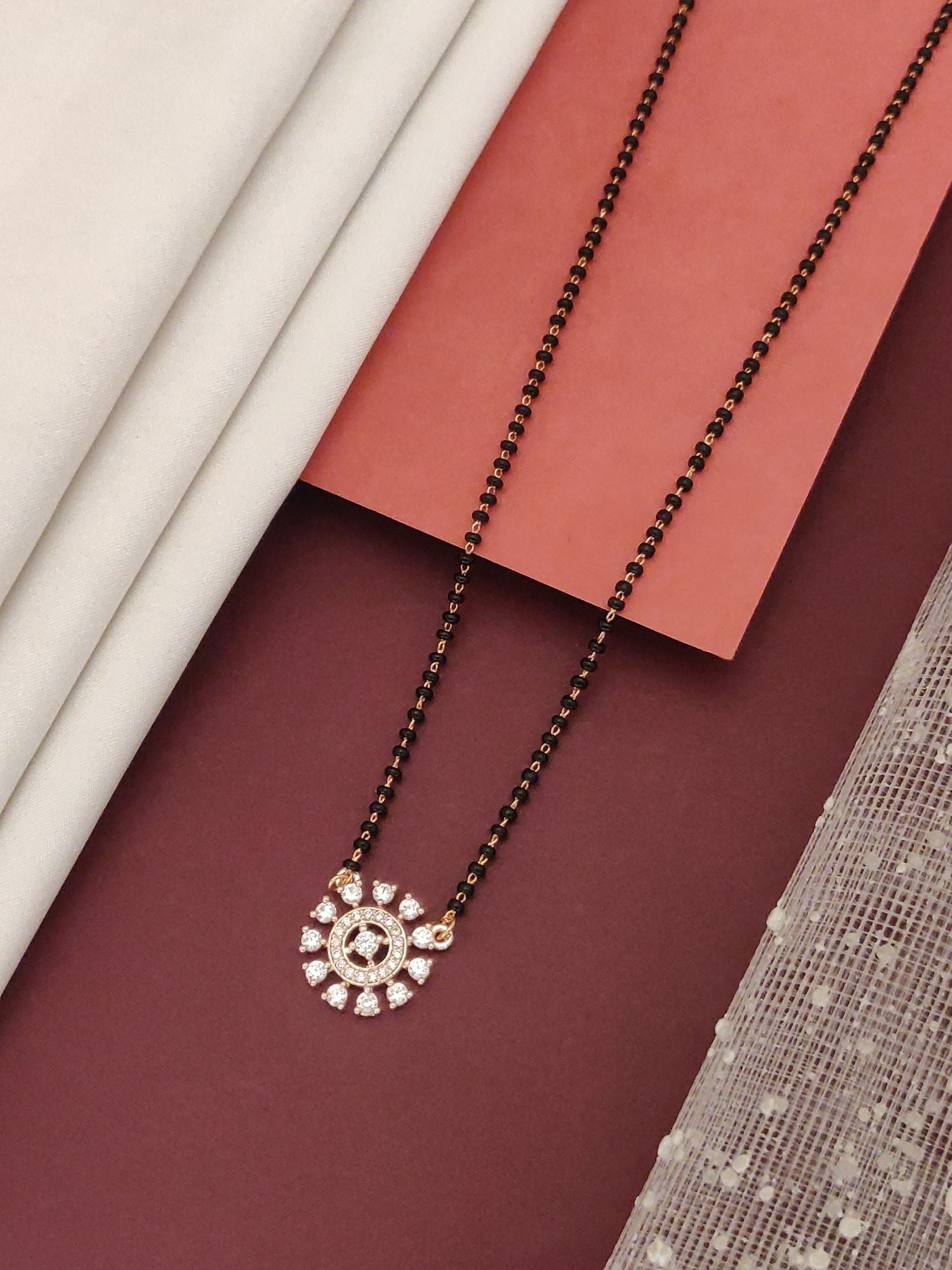 Abdesignsjewellery rose gold plated diamond mangalsutra with black bead chain and floral diamond pendant