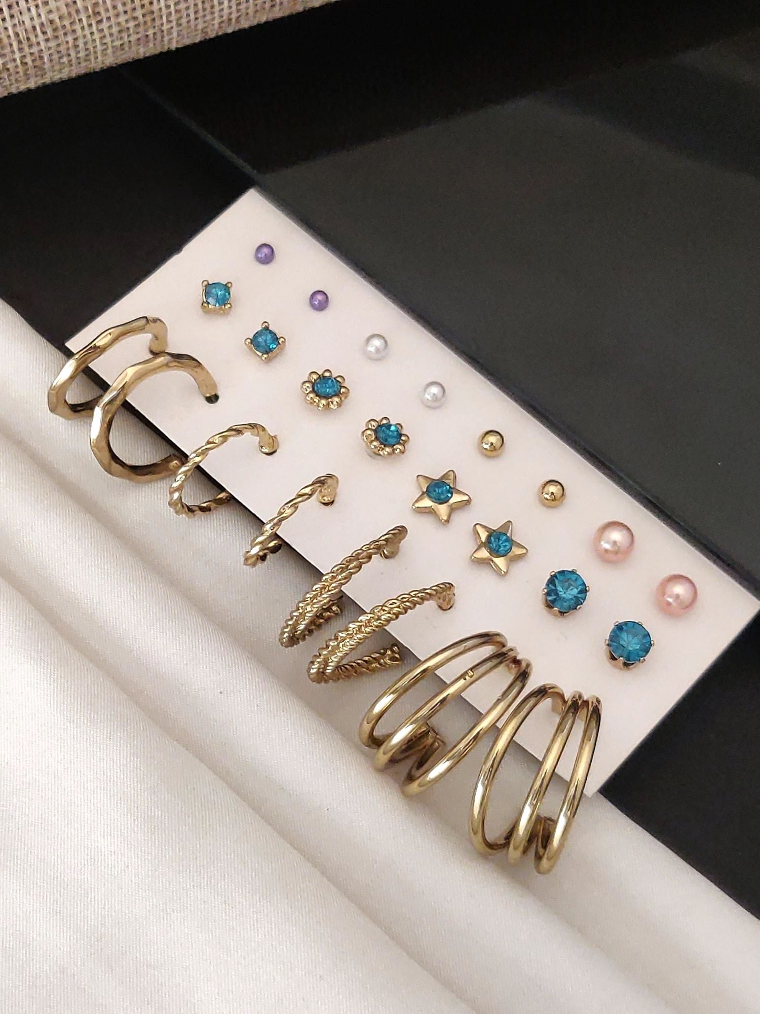 Set Of 12 Gold Plated Hoops Earring Combo with various styles and colors for versatile looks