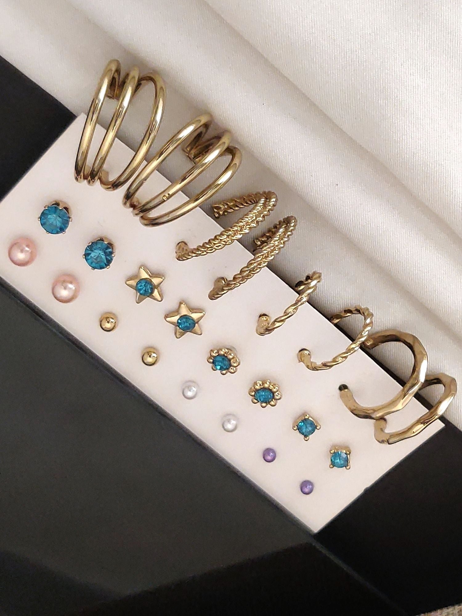 Set of 12 Gold Plated Hoops Earring Combo featuring various styles and colors