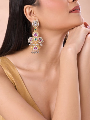 Elegant model showcasing Set Of 2 DualTone Earring Combo featuring intricate design and vibrant colors