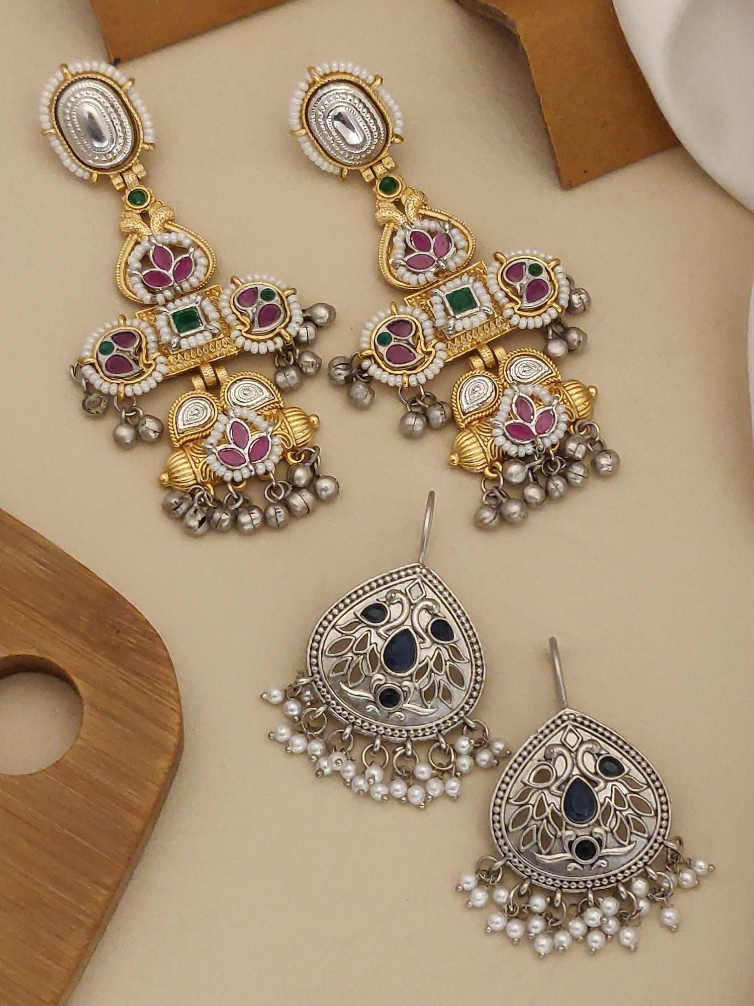 Set of 2 DualTone Earring Combo featuring intricate designs with colorful stones and hanging pearls
