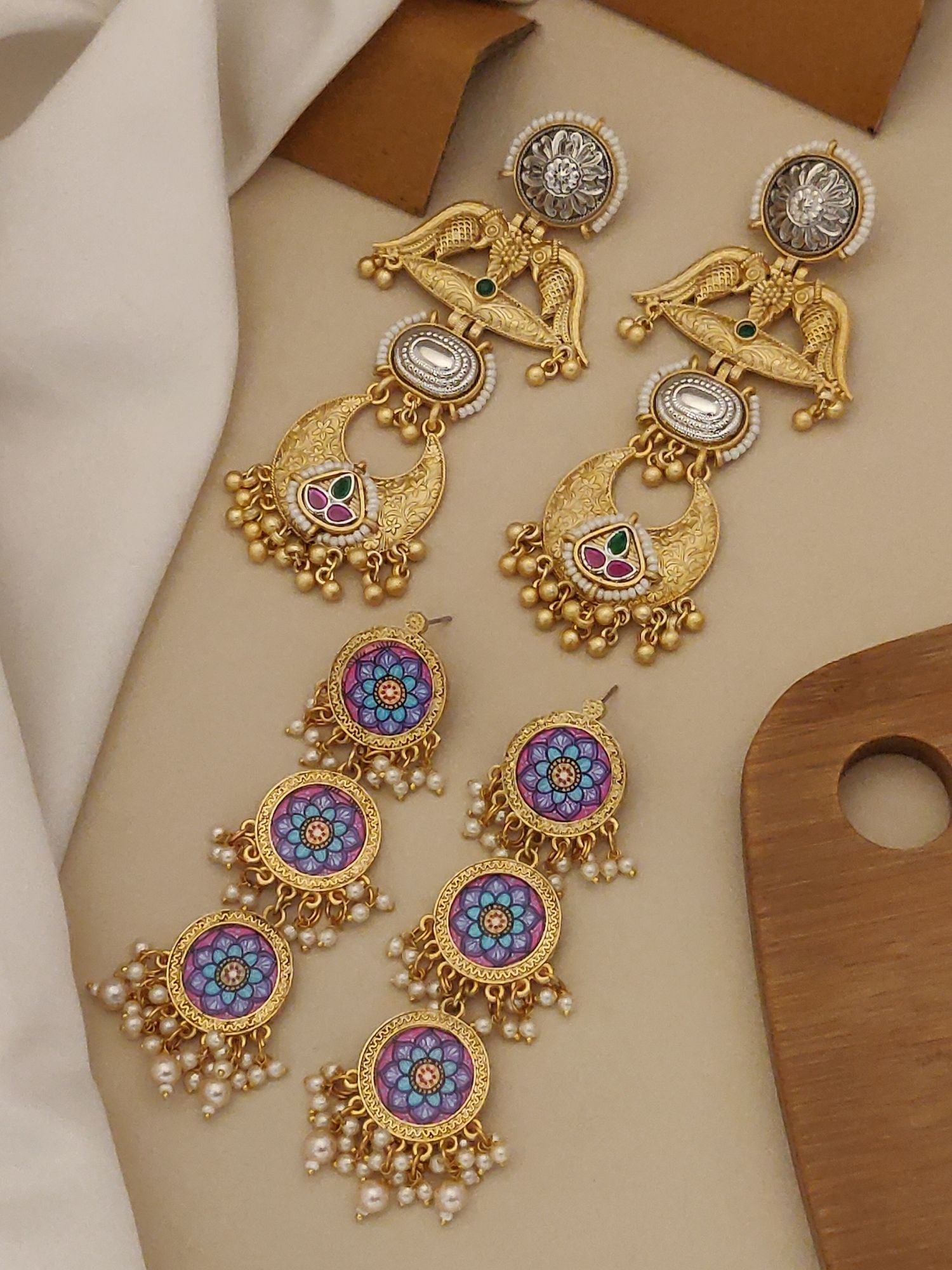 Set of 2 DualTone Earring Combo featuring intricate designs and colorful accents
