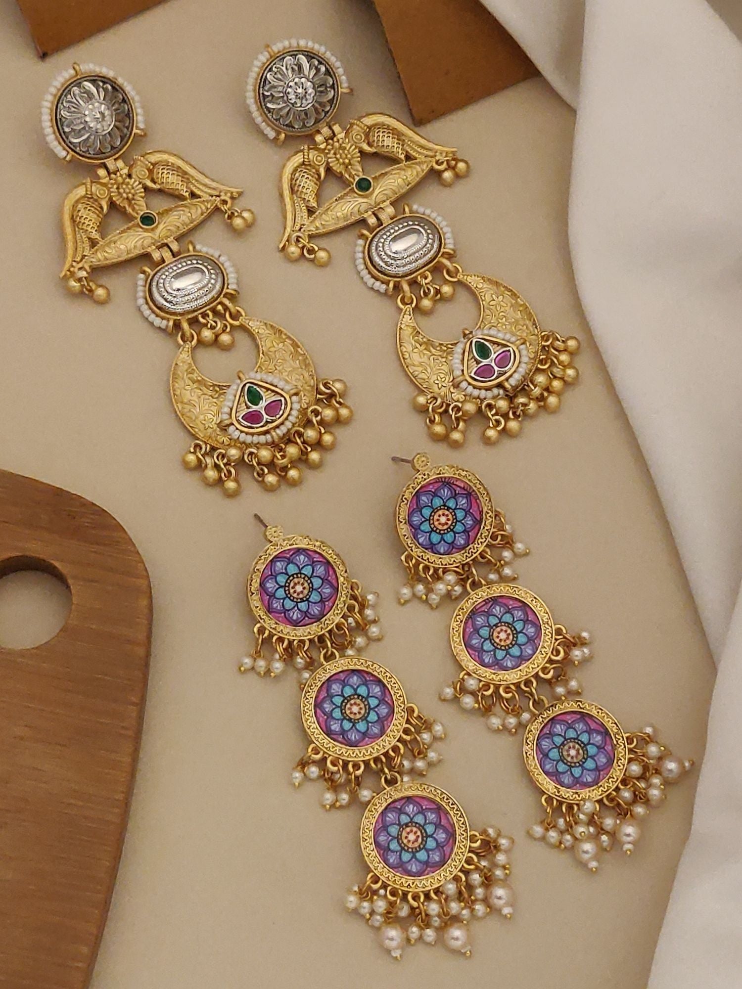 Set Of 2 DualTone Earring Combo featuring intricate designs and colorful embellishments