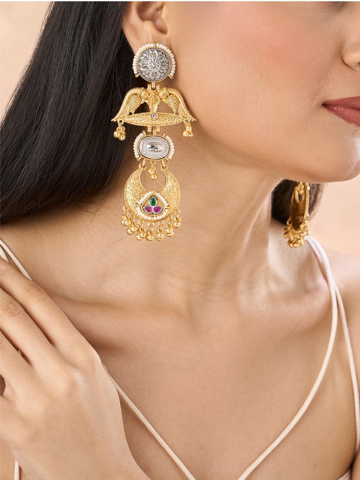 Set Of 2 DualTone Earring Combo in Gold and Silver with Intricate Designs and Gemstone Details