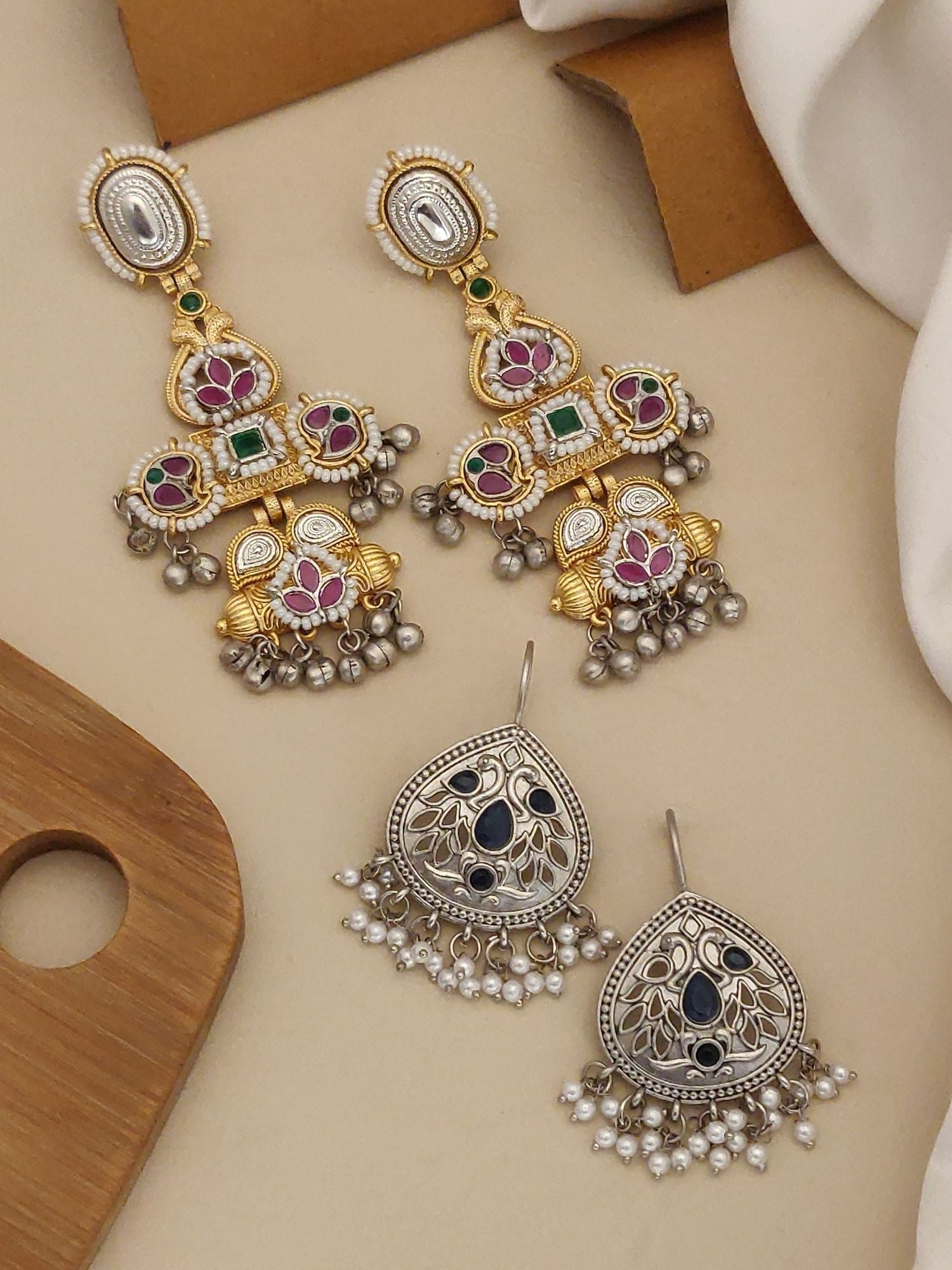 Set of 2 DualTone Earring Combo featuring intricate designs and vibrant gemstones