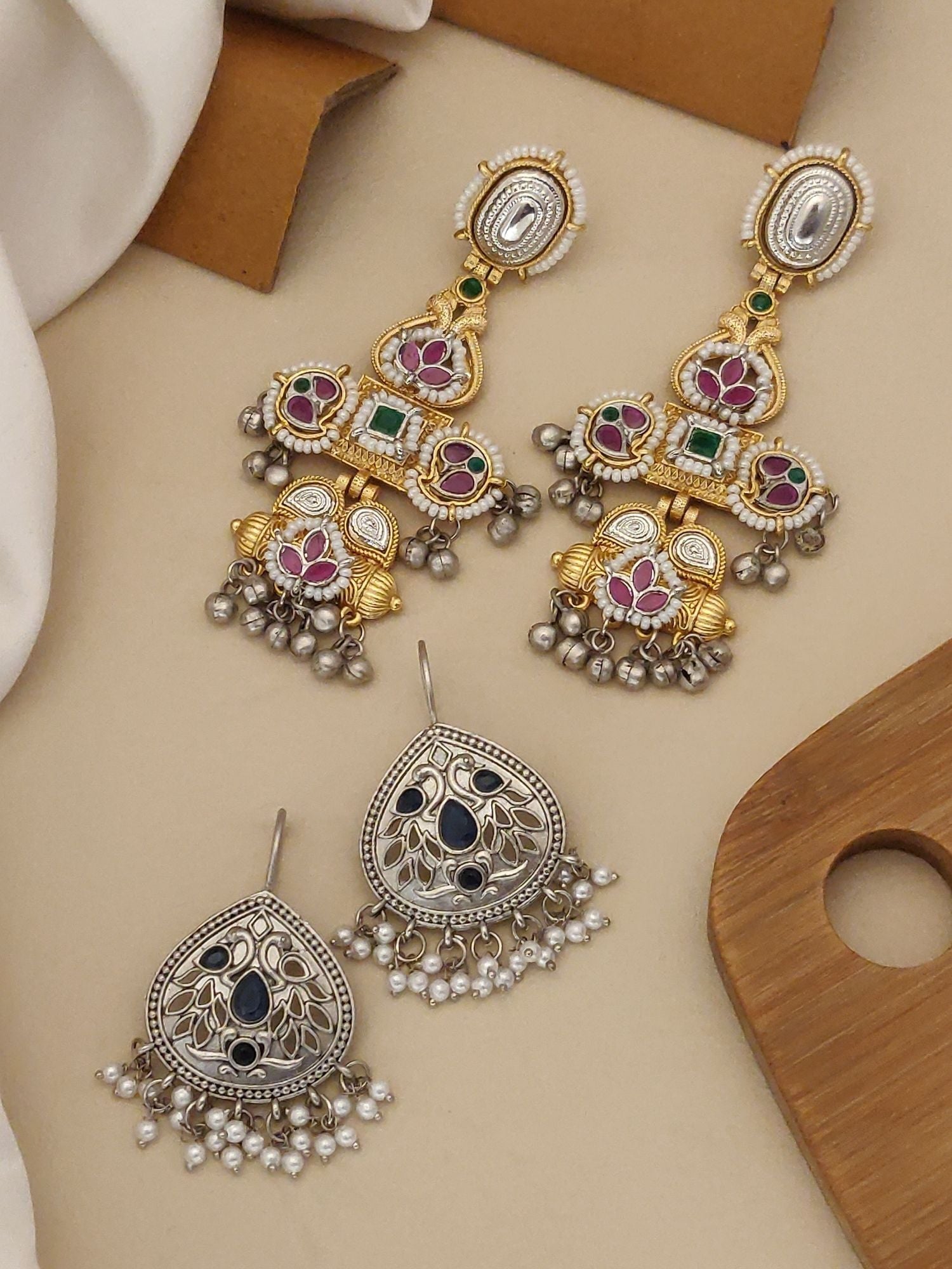 Set of 2 DualTone Earring Combo featuring colorful stones and intricate designs with hanging embellishments