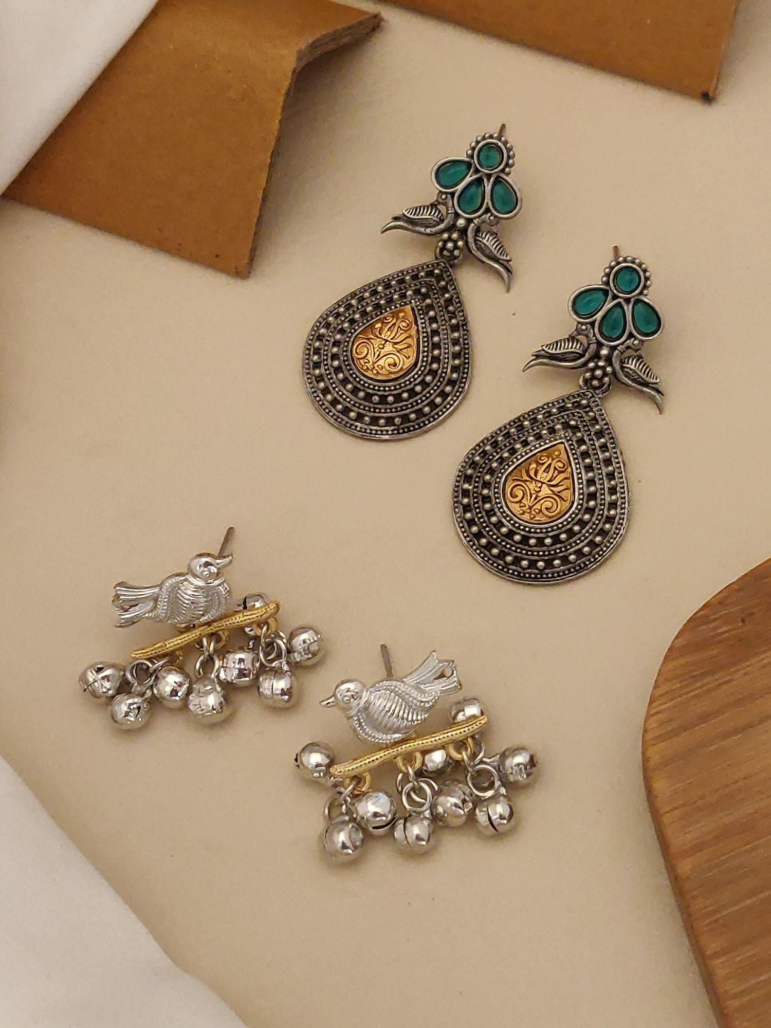 Set Of 2 German Silver Earring Combo featuring intricate designs and colorful accents for stylish accessory lovers