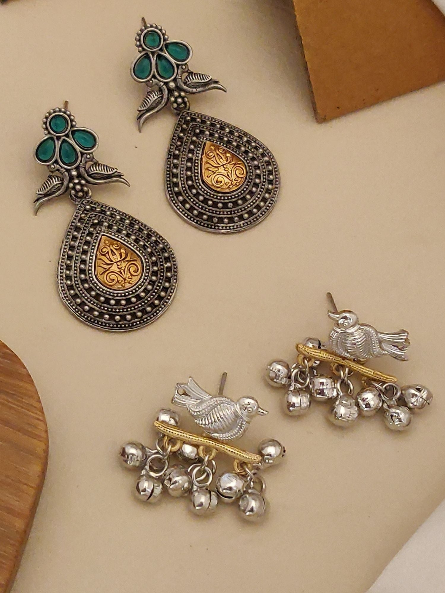 Set of 2 German Silver Earring Combo featuring intricate designs and colorful accents