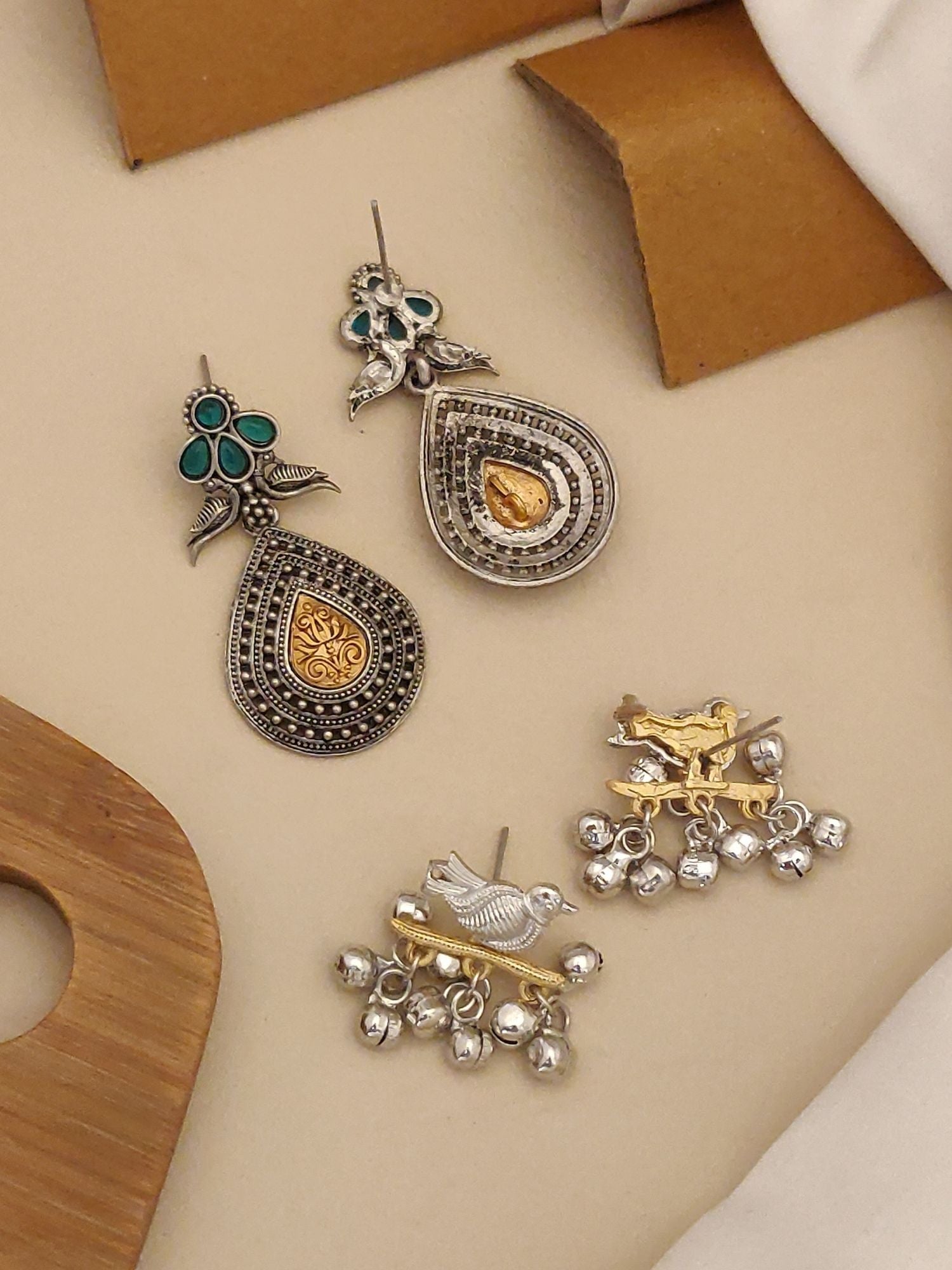 Set of 2 German Silver Earring Combo with intricate designs and colorful accents