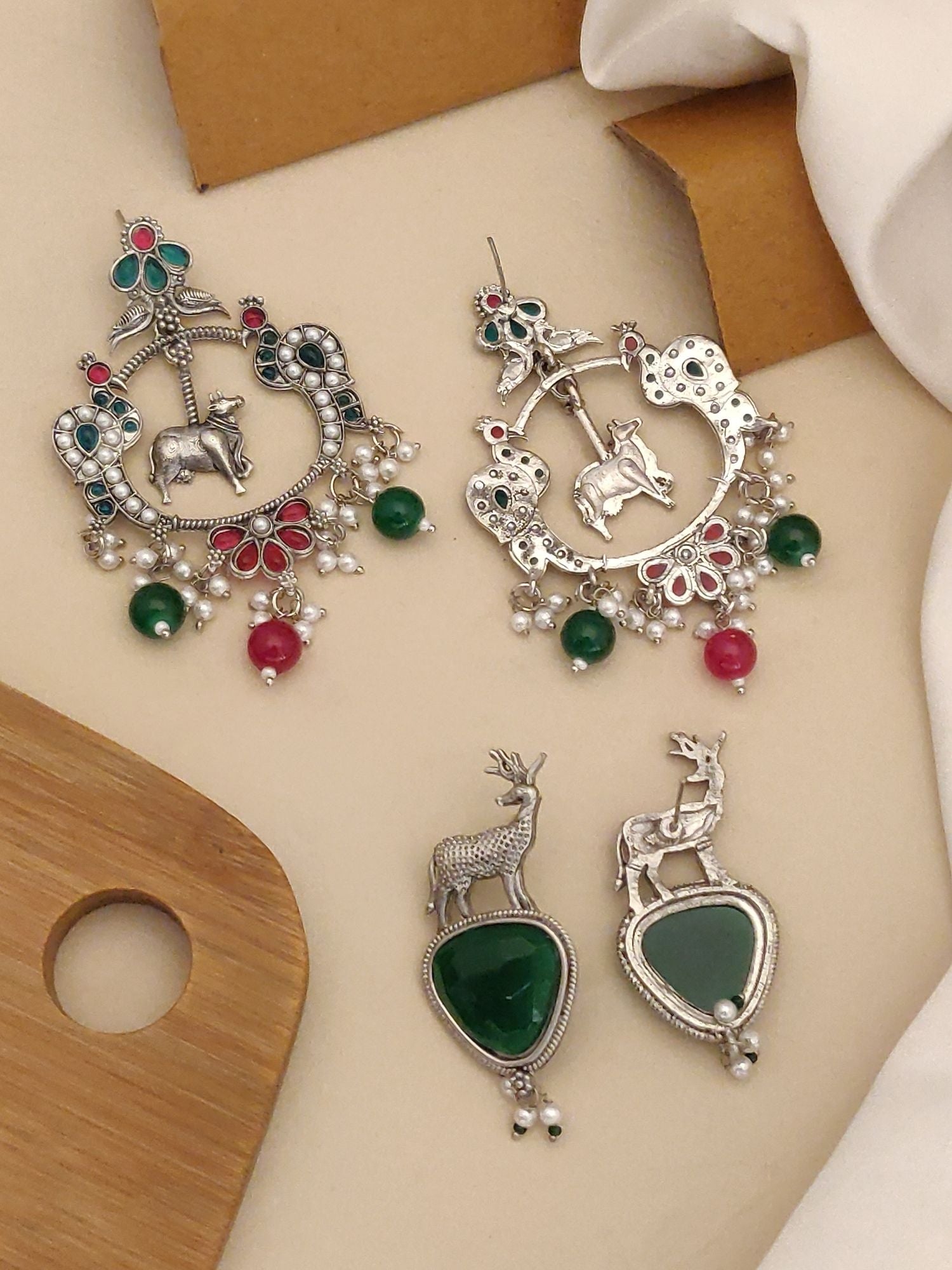 Set of 2 German Silver Earring Combo with intricate animal designs and colorful embellishments