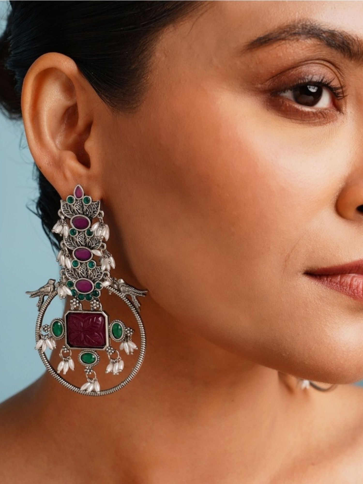 Set Of 2 German Silver Earring Combo with intricate designs featuring vibrant gemstones