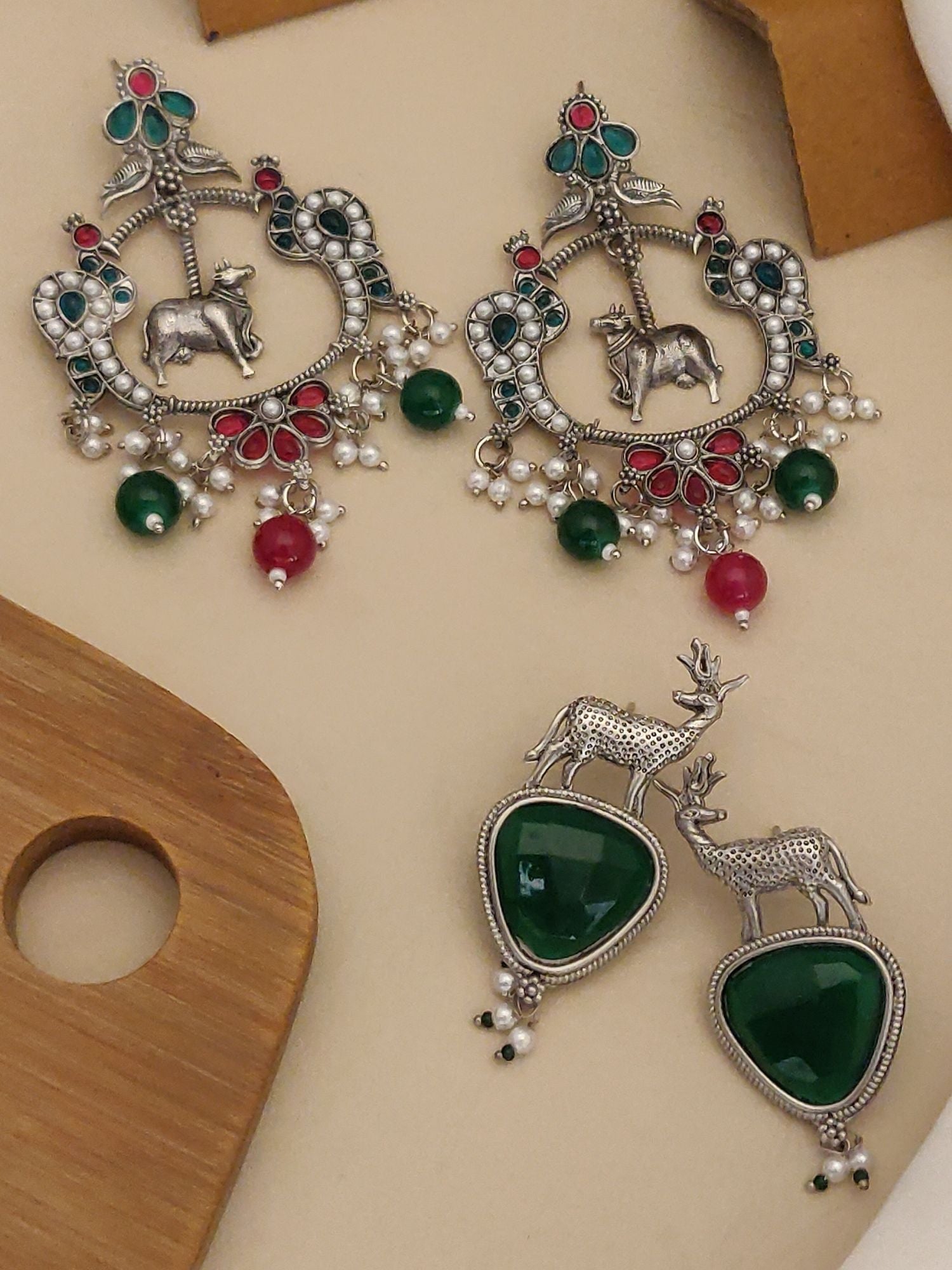 Set Of 2 German Silver Earring Combo featuring intricate designs with colorful accents