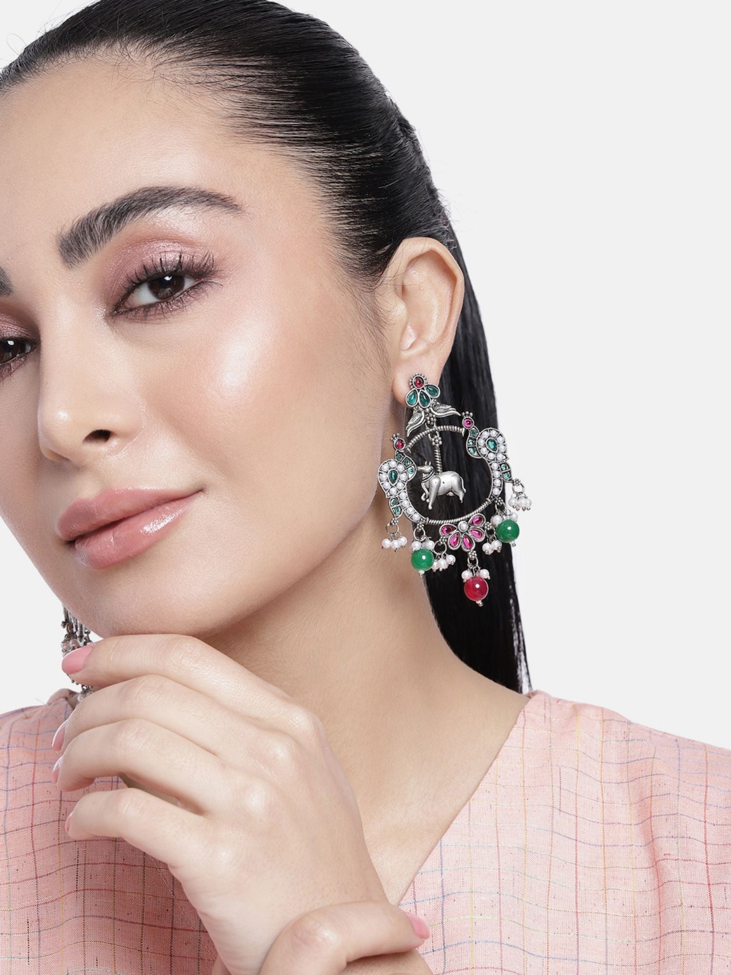 Set Of 2 German Silver Earring Combo featuring intricate designs and colorful accents