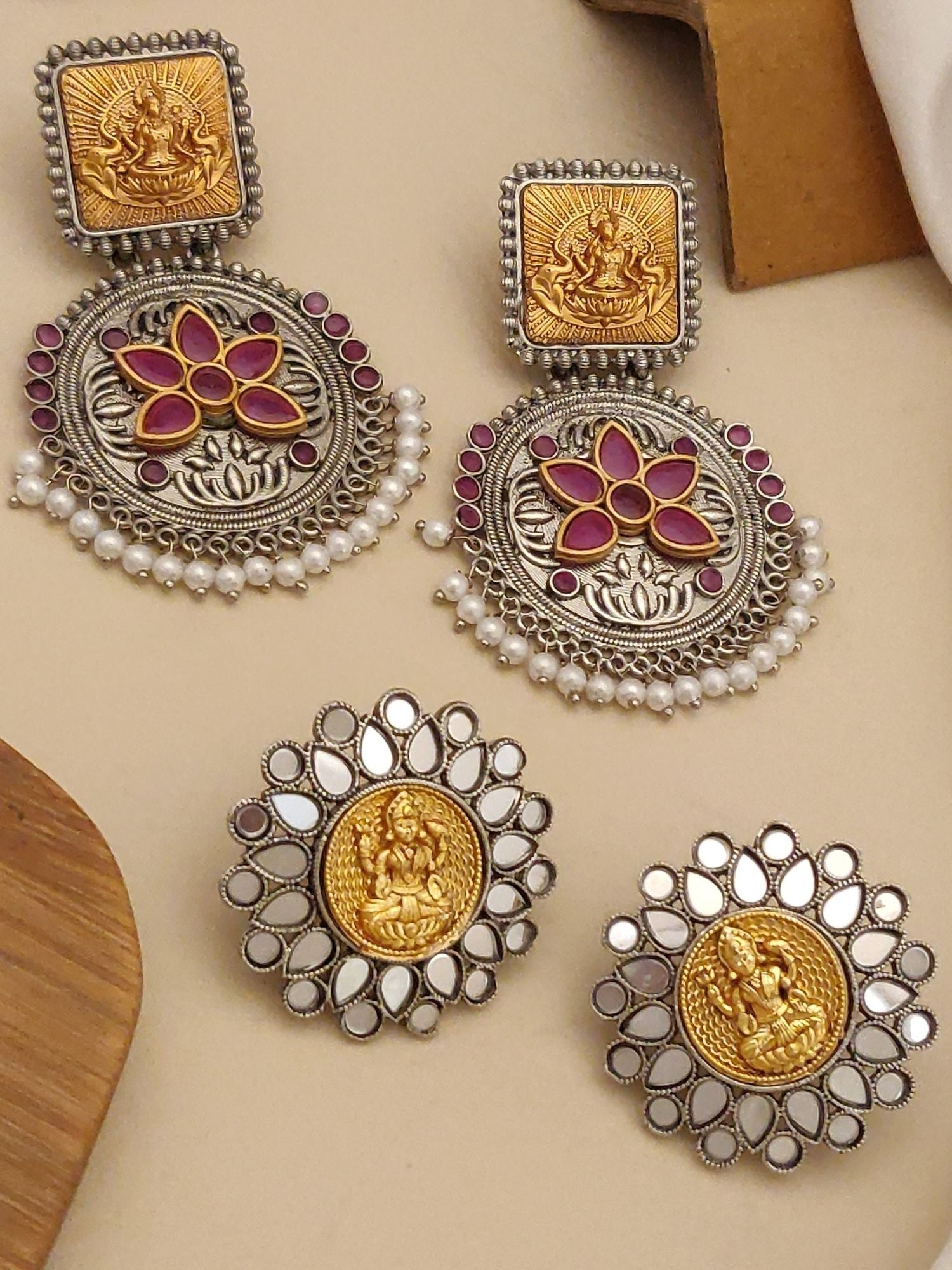 Set Of 2 German Silver Earring Combo featuring intricate designs and colorful accents perfect for festive wear