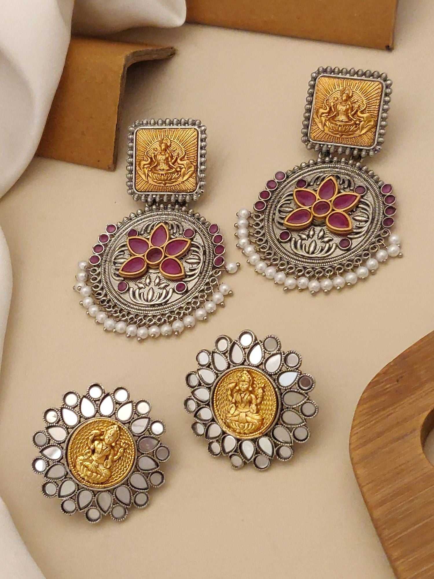 Set Of 2 German Silver Earring Combo featuring intricate designs and vibrant colors