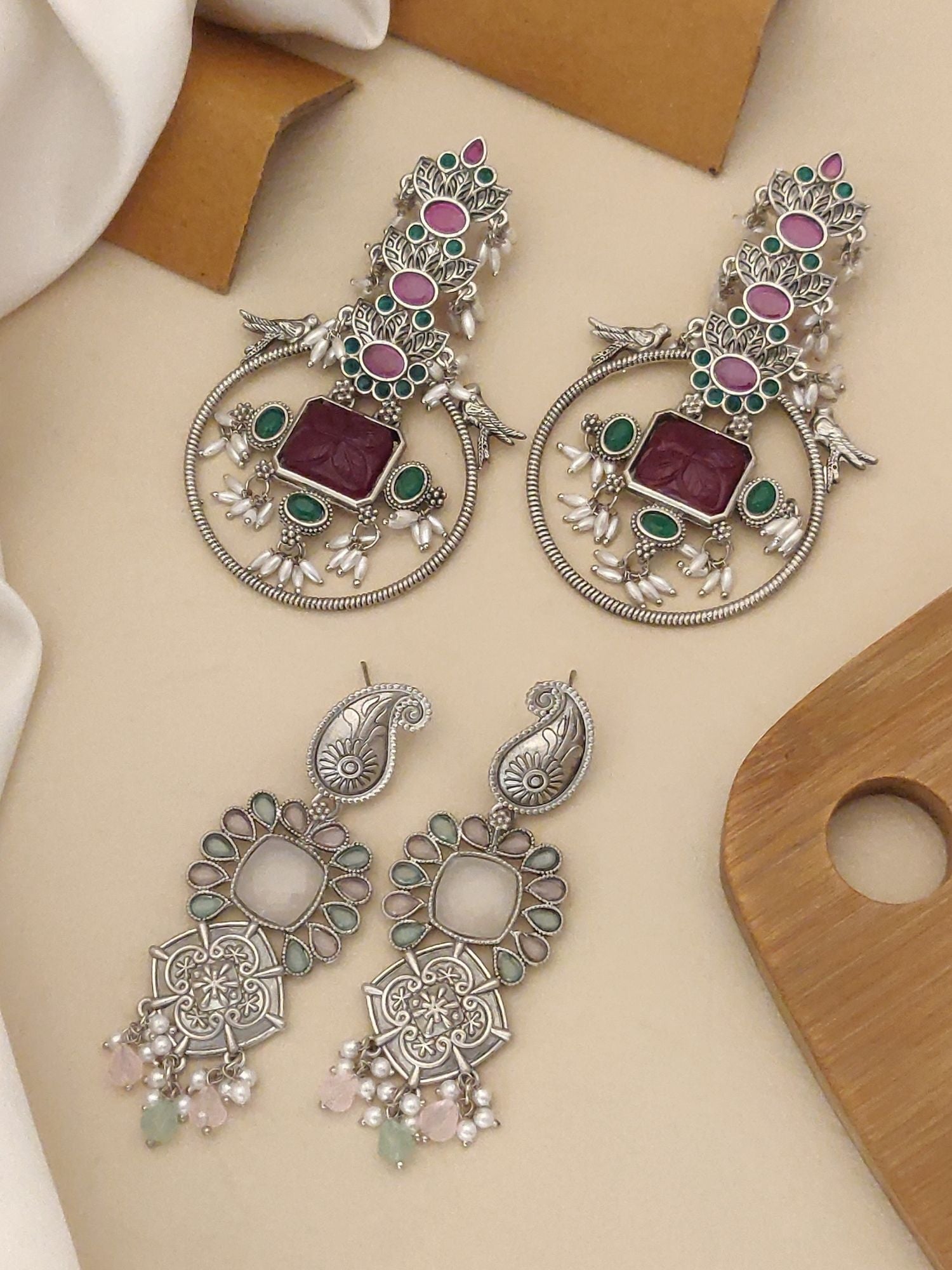 Set Of 2 German Silver Earring Combo featuring intricate designs with colorful stones and elegant embellishments