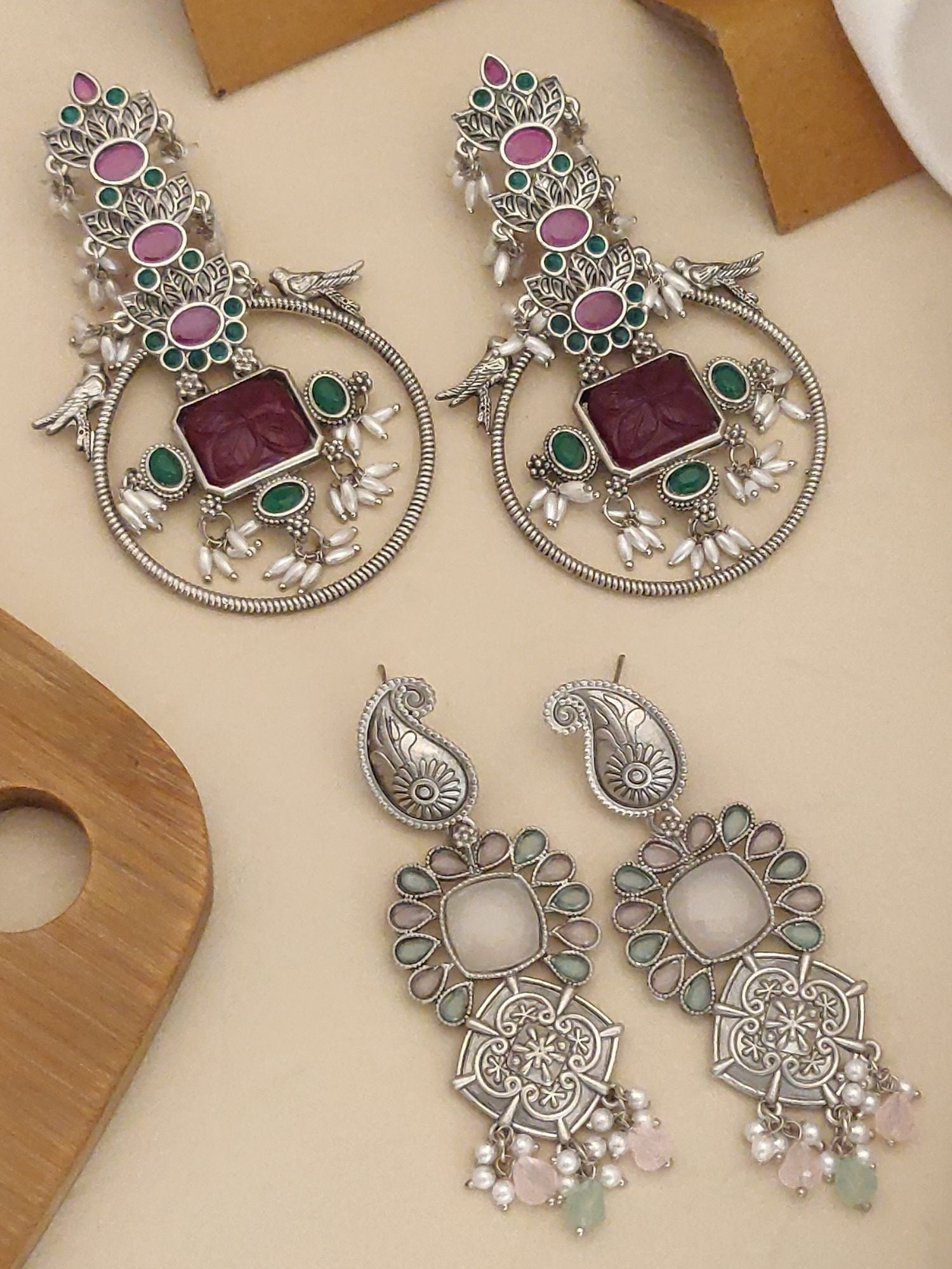 Set Of 2 German Silver Earring Combo featuring intricate designs with colorful stones and pearls