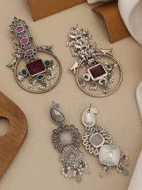 Thumbnail for Set of 2 German Silver Earring Combo with intricate designs, gemstones, and elegant hanging details