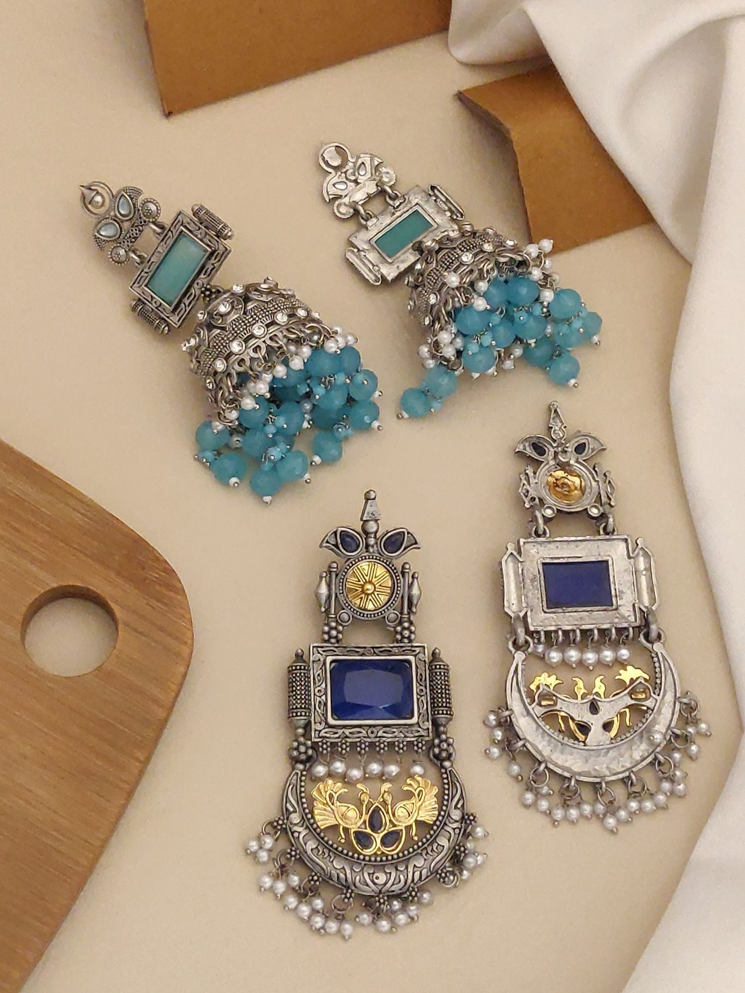 Set of 2 German Silver Earring Combo featuring intricate designs and colorful stones