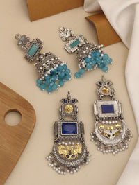 Thumbnail for Set of 2 German Silver Earring Combo featuring intricate designs and colorful stones