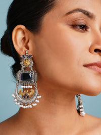 Thumbnail for Elegant model wearing a Set Of 2 German Silver Earring Combo with intricate designs and embellishments
