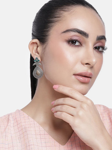 Stylish model showcasing a Set Of 2 German Silver Earring Combo with intricate design and elegance