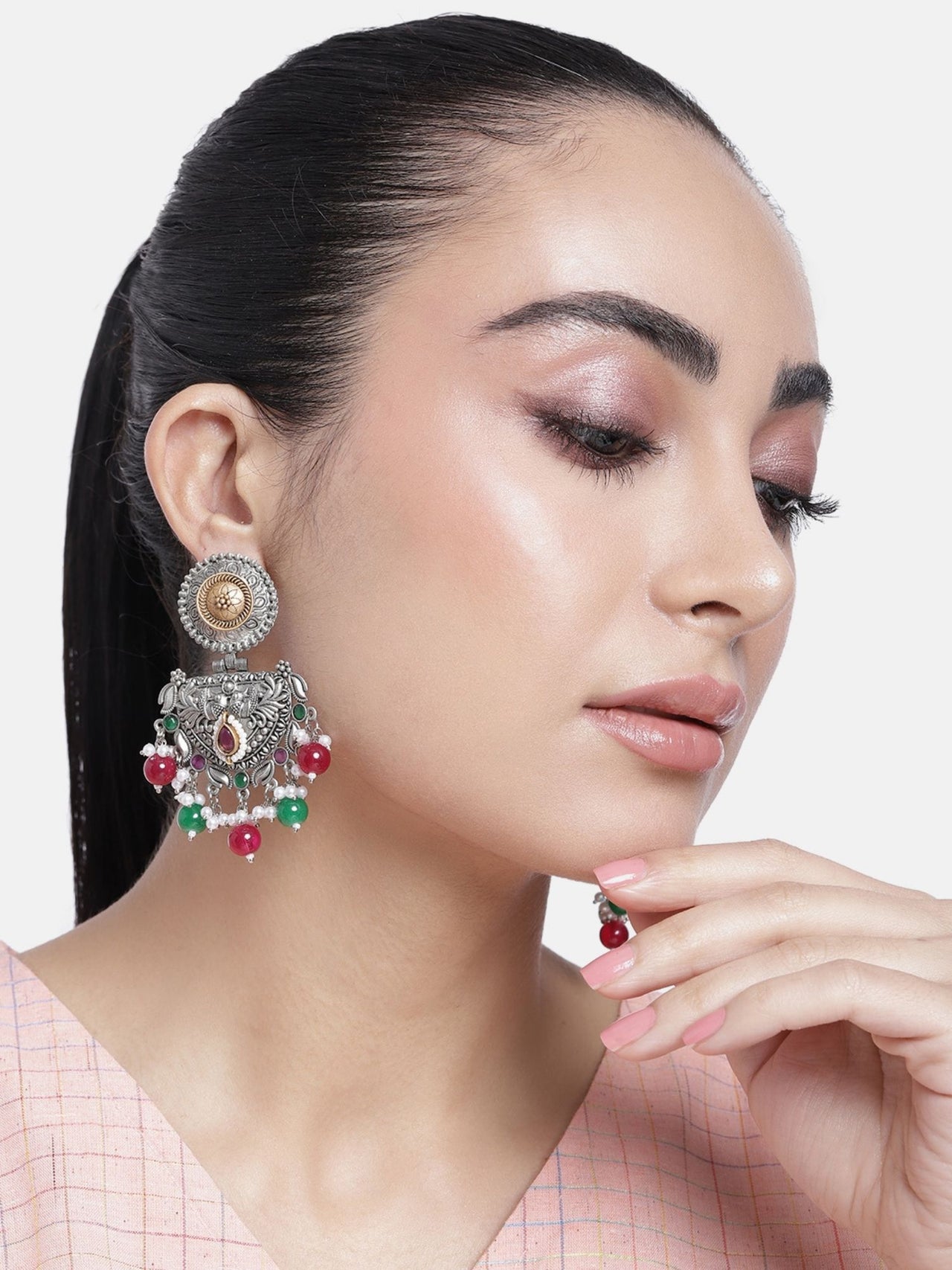 Set Of 2 German Silver Earring Combo with Vibrant Beads and Intricate Design for Stylish Accessories