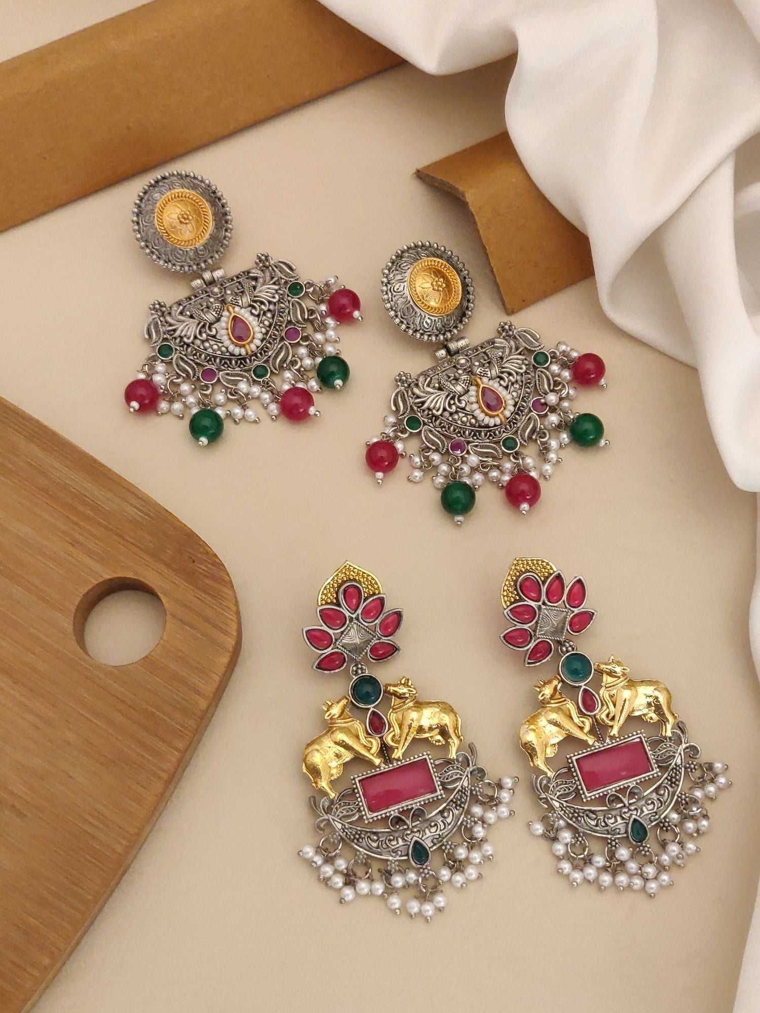 Set Of 2 German Silver Earring Combo featuring colorful bead accents and intricate designs