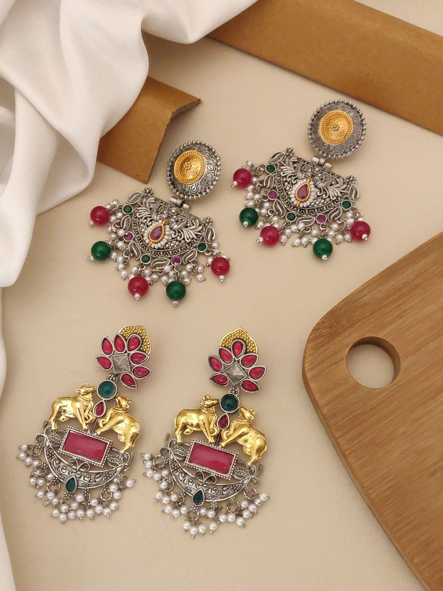 Set Of 2 German Silver Earring Combo featuring intricate designs and colorful beads for stylish occasions