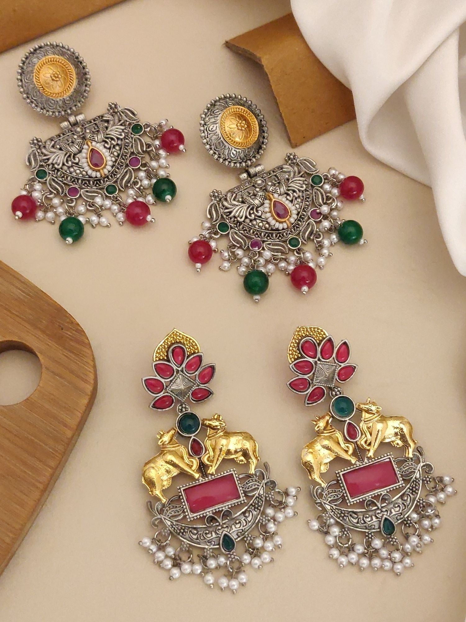 Set of 2 German Silver Earring Combo featuring ornate designs with colorful embellishments