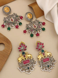 Thumbnail for Set of 2 German Silver Earring Combo featuring ornate designs with colorful embellishments