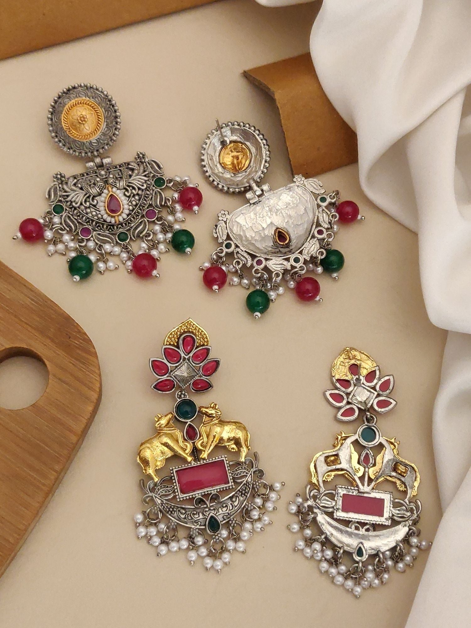 Set Of 2 German Silver Earring Combo featuring intricate designs and colorful beads