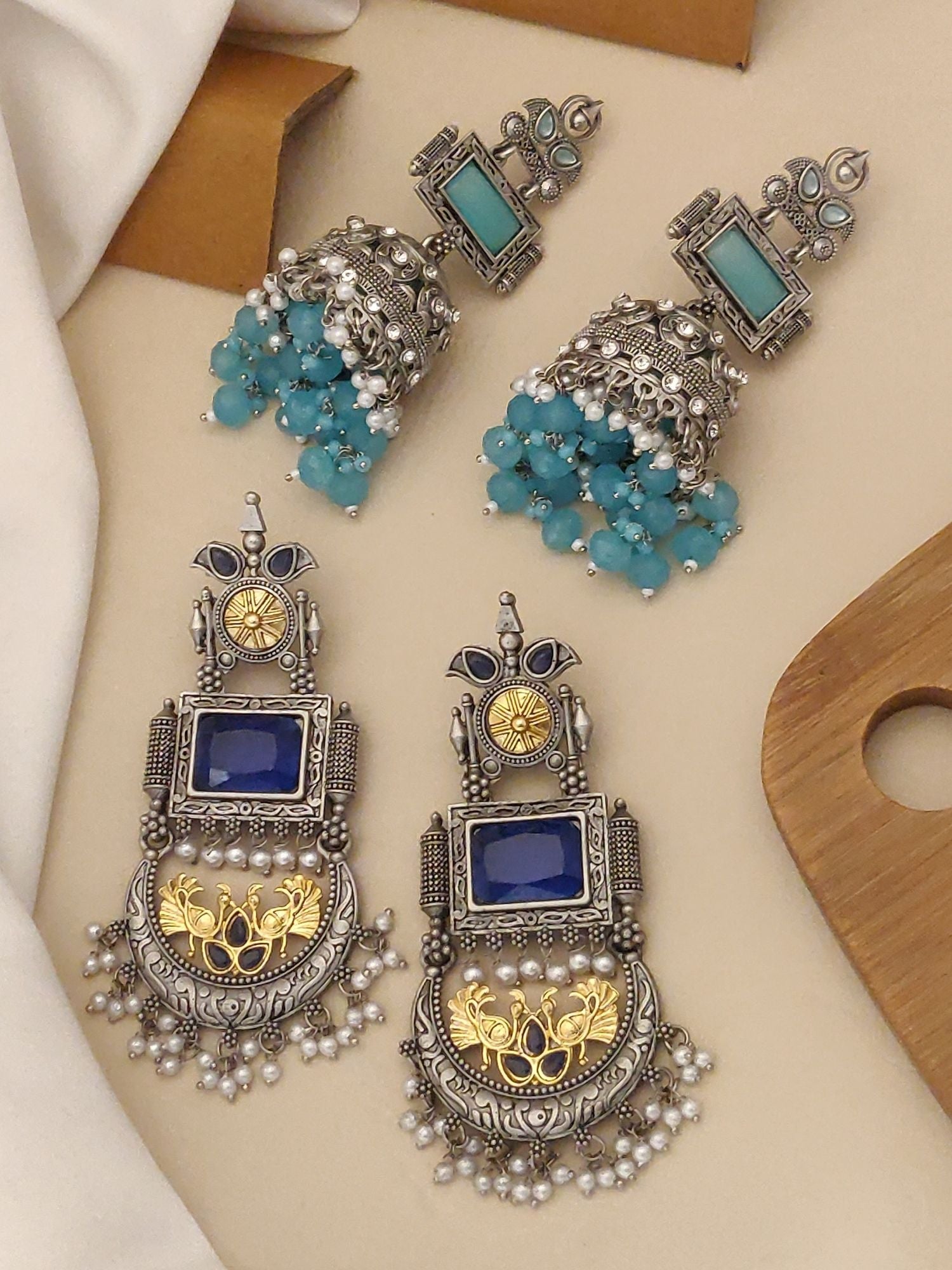 Set of 2 German Silver Earring Combo featuring ornate designs and colorful accents for stylish outfits