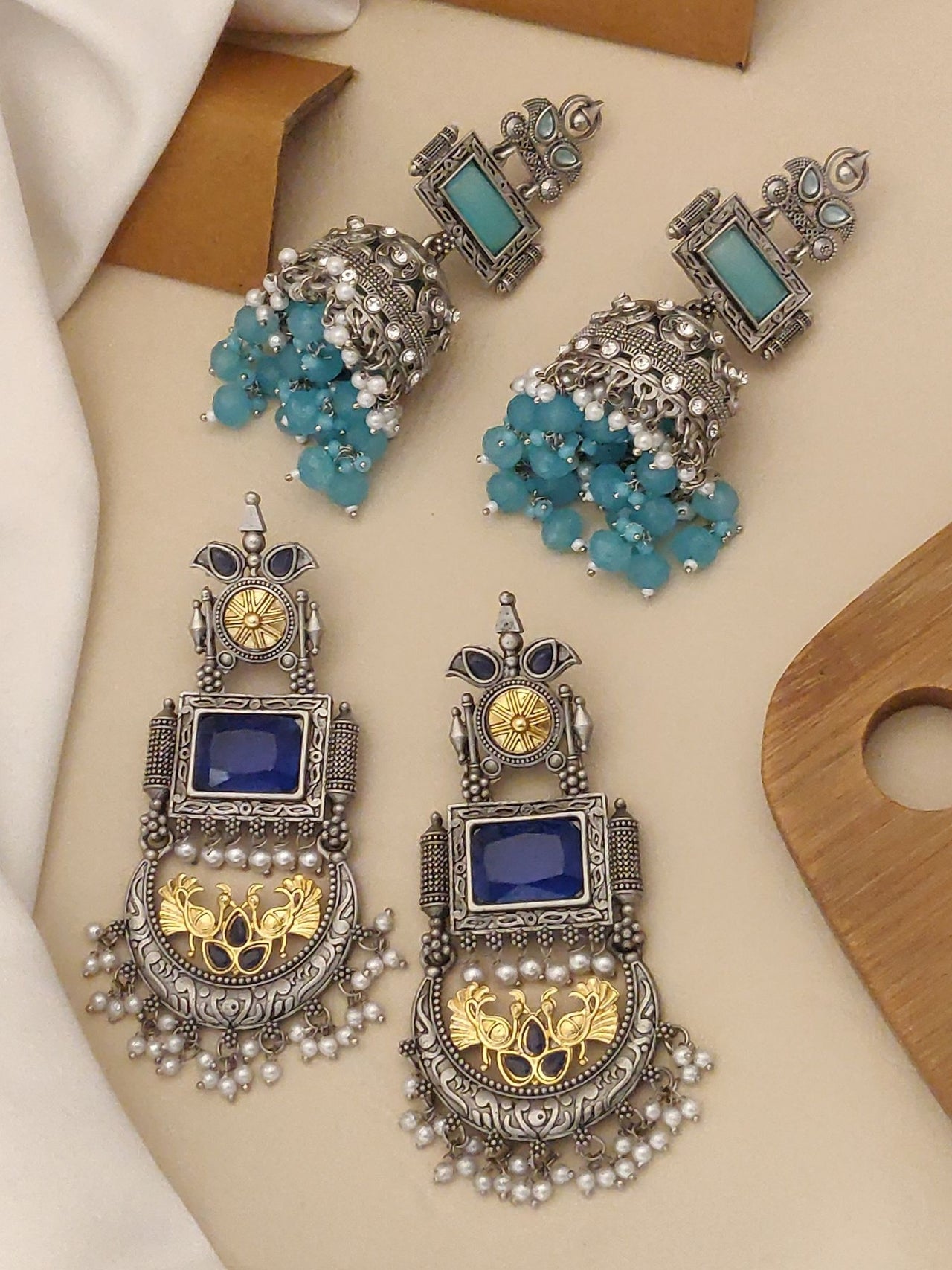 Set of 2 German Silver Earring Combo featuring ornate designs and colorful accents for stylish outfits