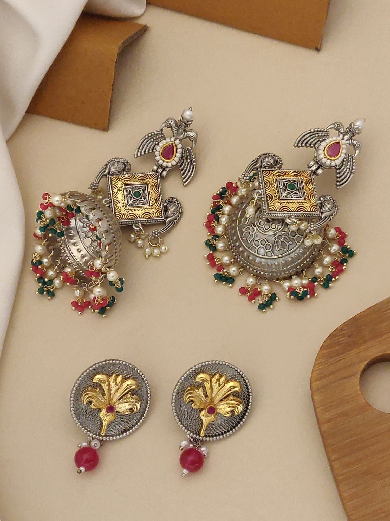 German Silver Earring Combo featuring traditional designs with colorful embellishments
