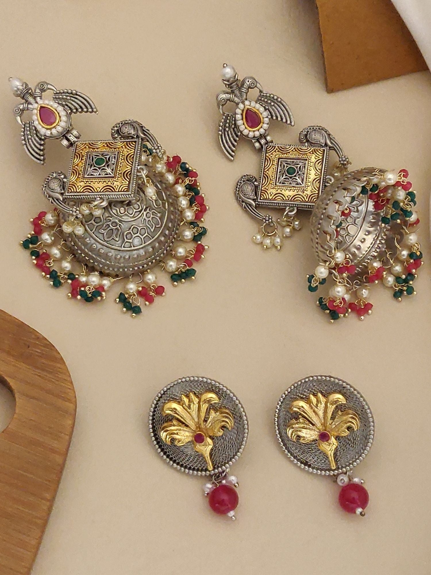 Set Of 2 German Silver Earring Combo featuring intricate designs and colorful accents for stylish outfits