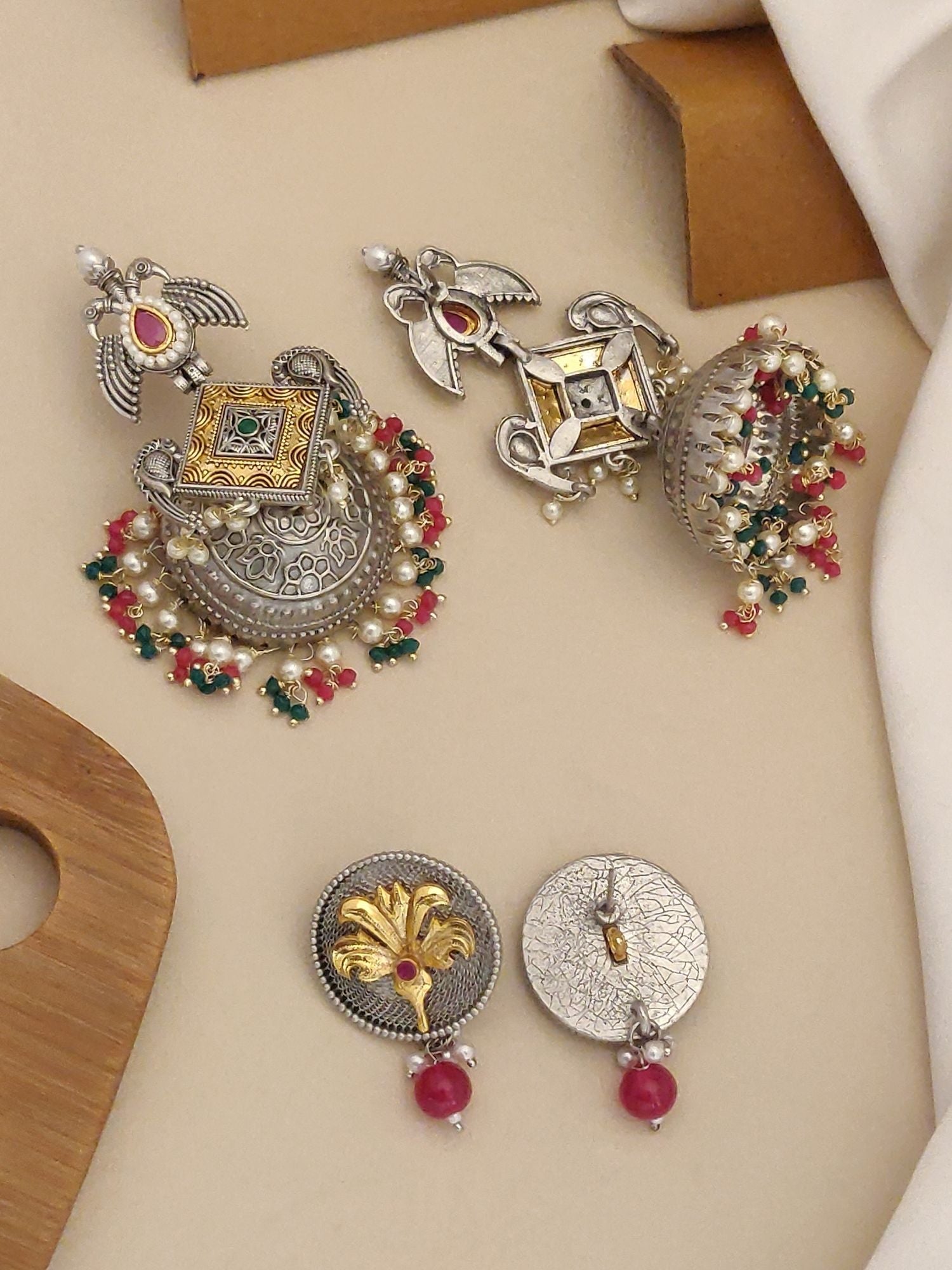 Set of 2 German Silver Earring Combo featuring traditional designs with colorful accents and unique shapes