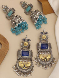 Thumbnail for Set Of 2 German Silver Earring Combo featuring intricate designs and vibrant blue stones