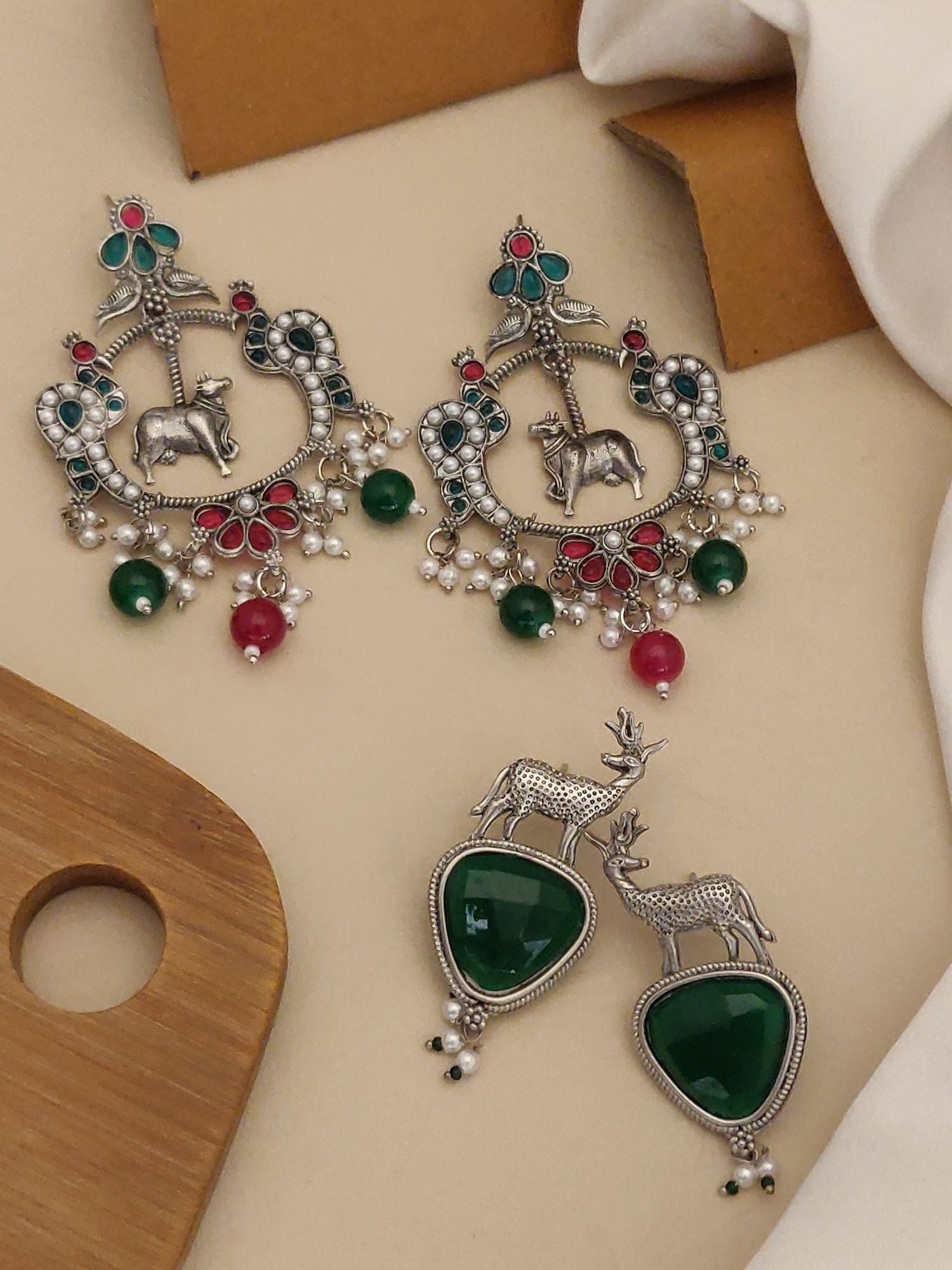 Set Of 2 German Silver Earring Combo featuring artistic designs and colorful stones