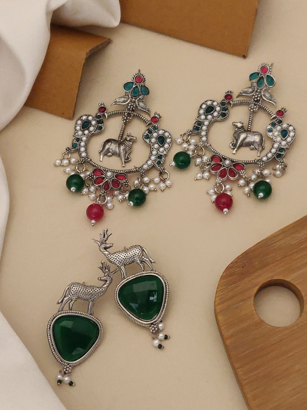 Set of 2 German Silver Earring Combo featuring intricate designs and colorful embellishments
