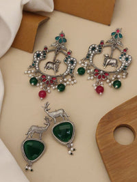 Thumbnail for Set of 2 German Silver Earring Combo featuring intricate designs and colorful embellishments
