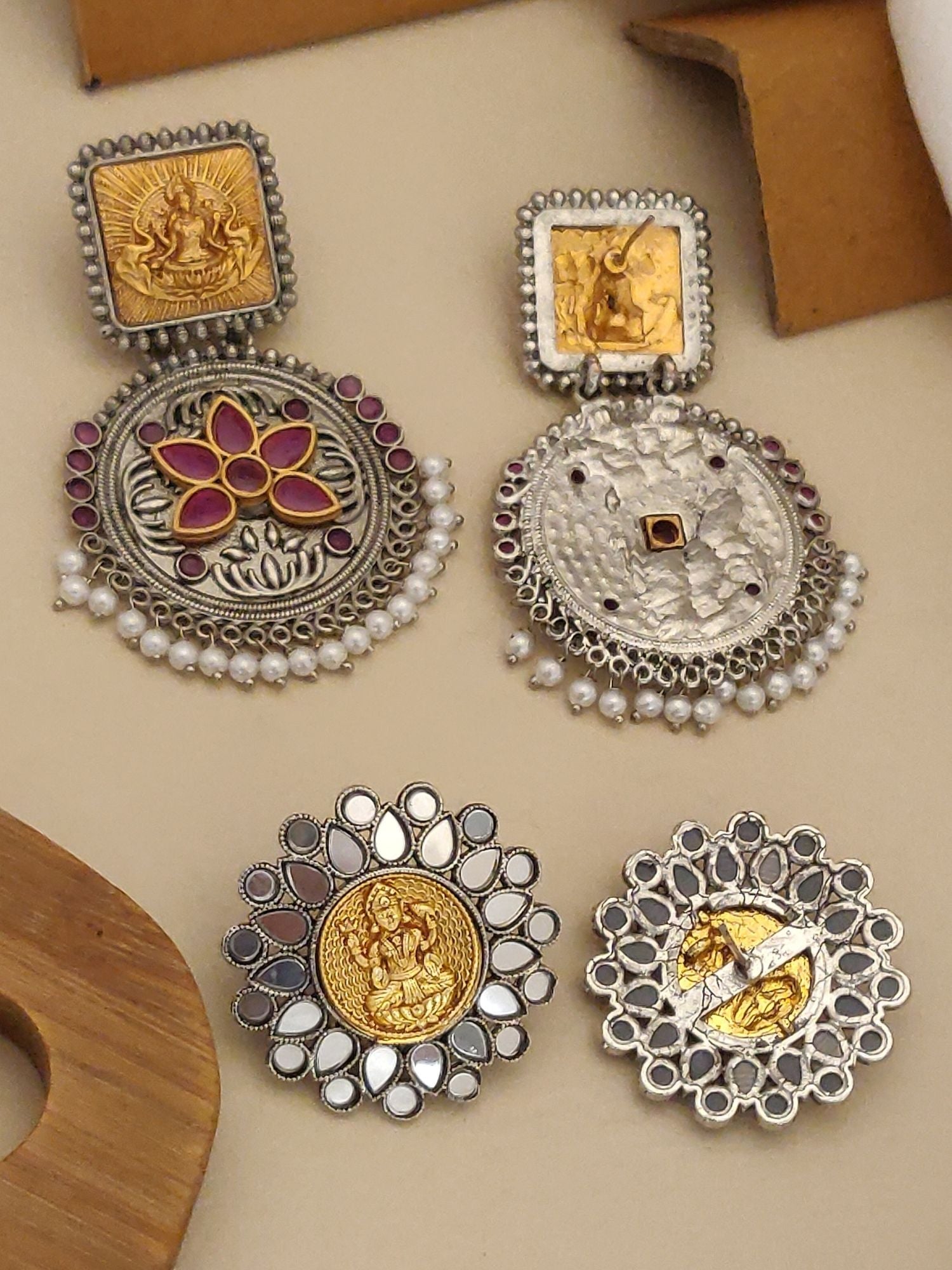 Set of 2 German Silver Earring Combo featuring intricate designs and colorful accents